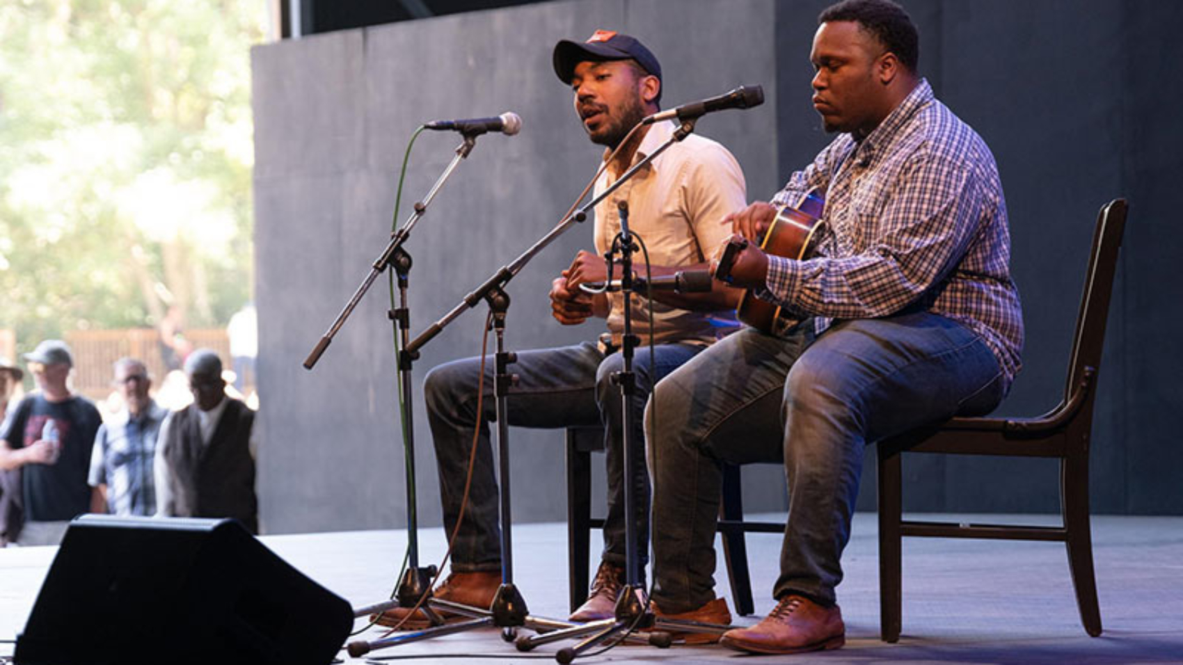 duo plays acoustic blues on stage at Fort Worden