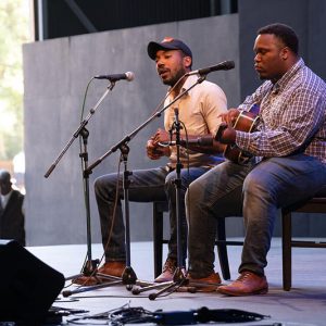 duo plays acoustic blues on stage at Fort Worden