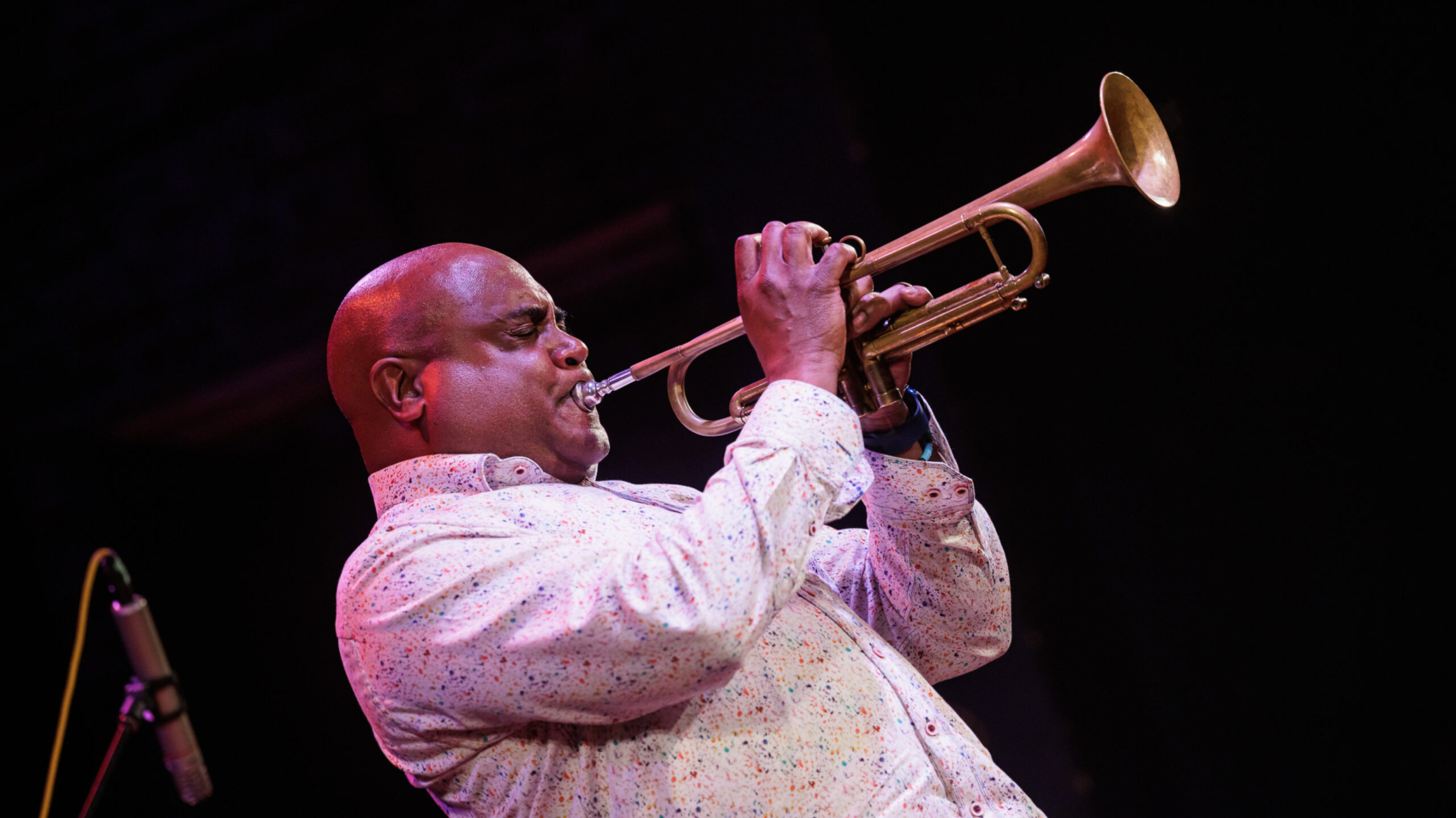Trumpeter Terell Stafford, Tuesday afternoon Faculty Presents concert in Wheeler Theater for workshop participants, 2024 Jazz Port Townsend, With Patrick Bartely, alto sax;  Ben Wendel, tenor sax; Taylor Eigsti, piano; Carlos Henriquez, bass; Matt Wilson, drums.